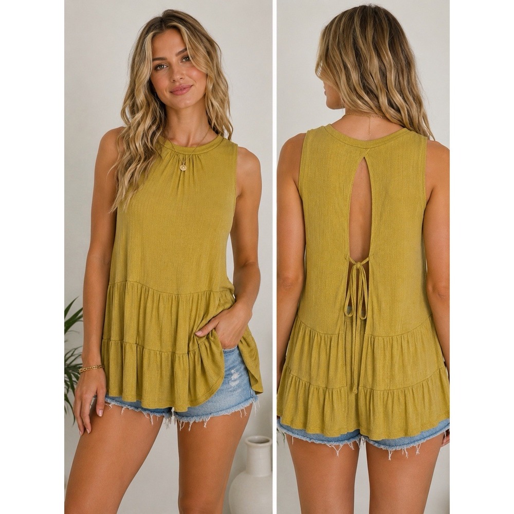 La Milk Mustard Tiered Sleeveless Tunic Top Size M Open Back Tie Boho